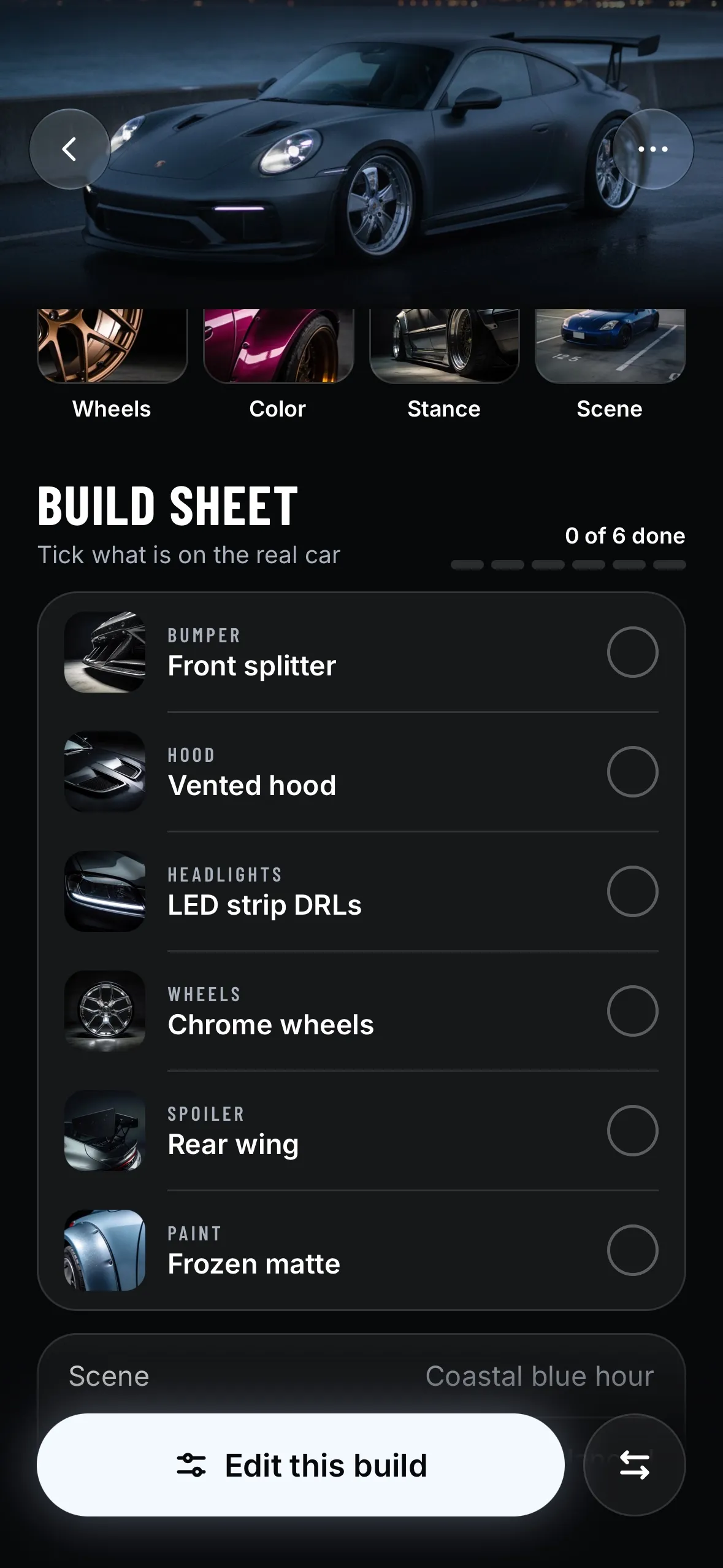 Tuner build sheet with the chosen parts