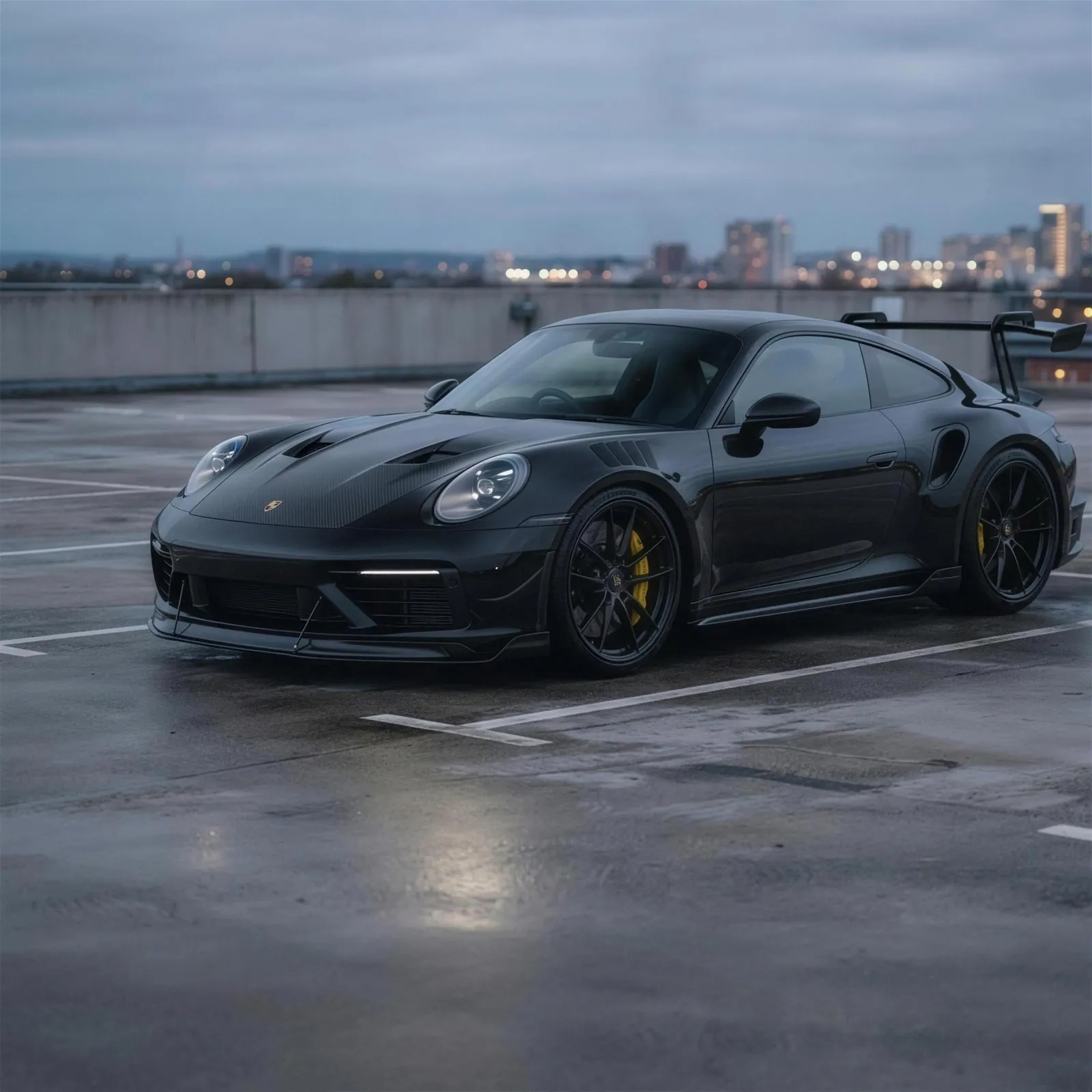 A black Porsche 911 build with a carbon hood and a swan-neck wing