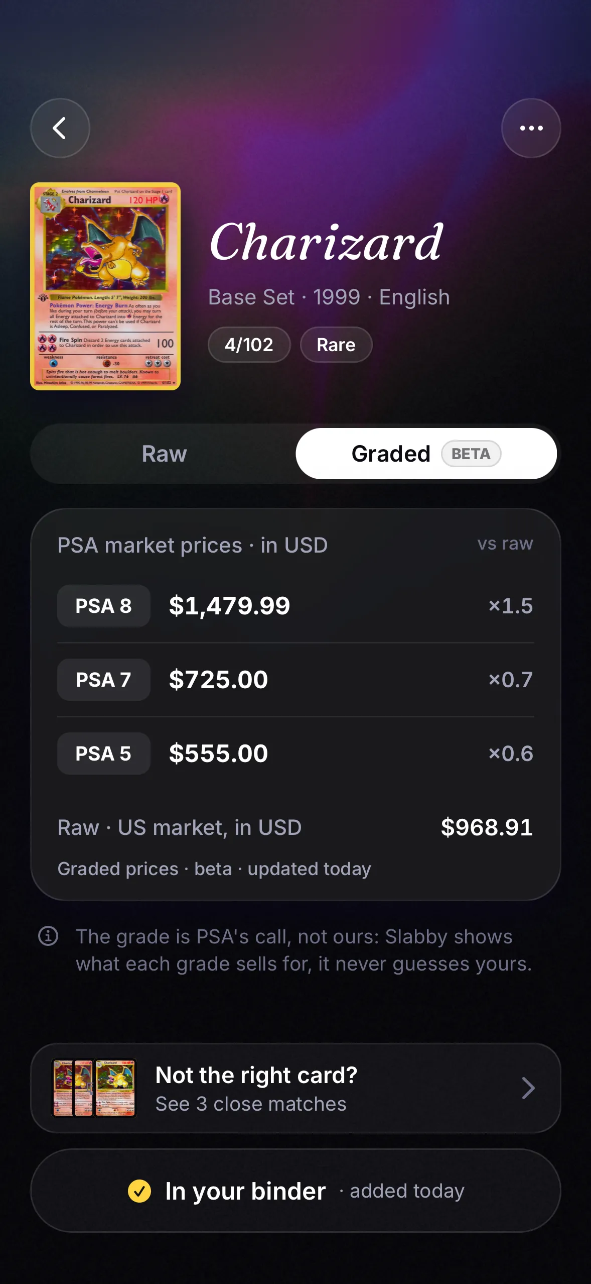 Slabby card screen with graded prices