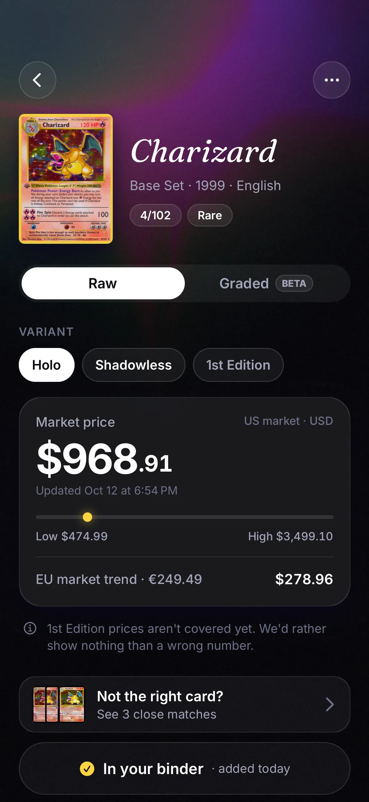 Slabby card screen with the raw market price