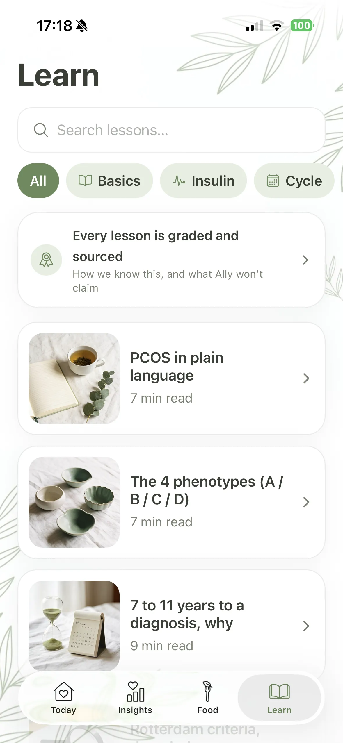 PCOS Ally learn tab