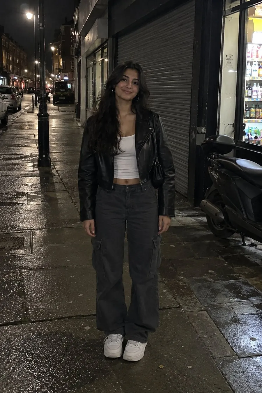 The original photo: a woman on a wet street at night