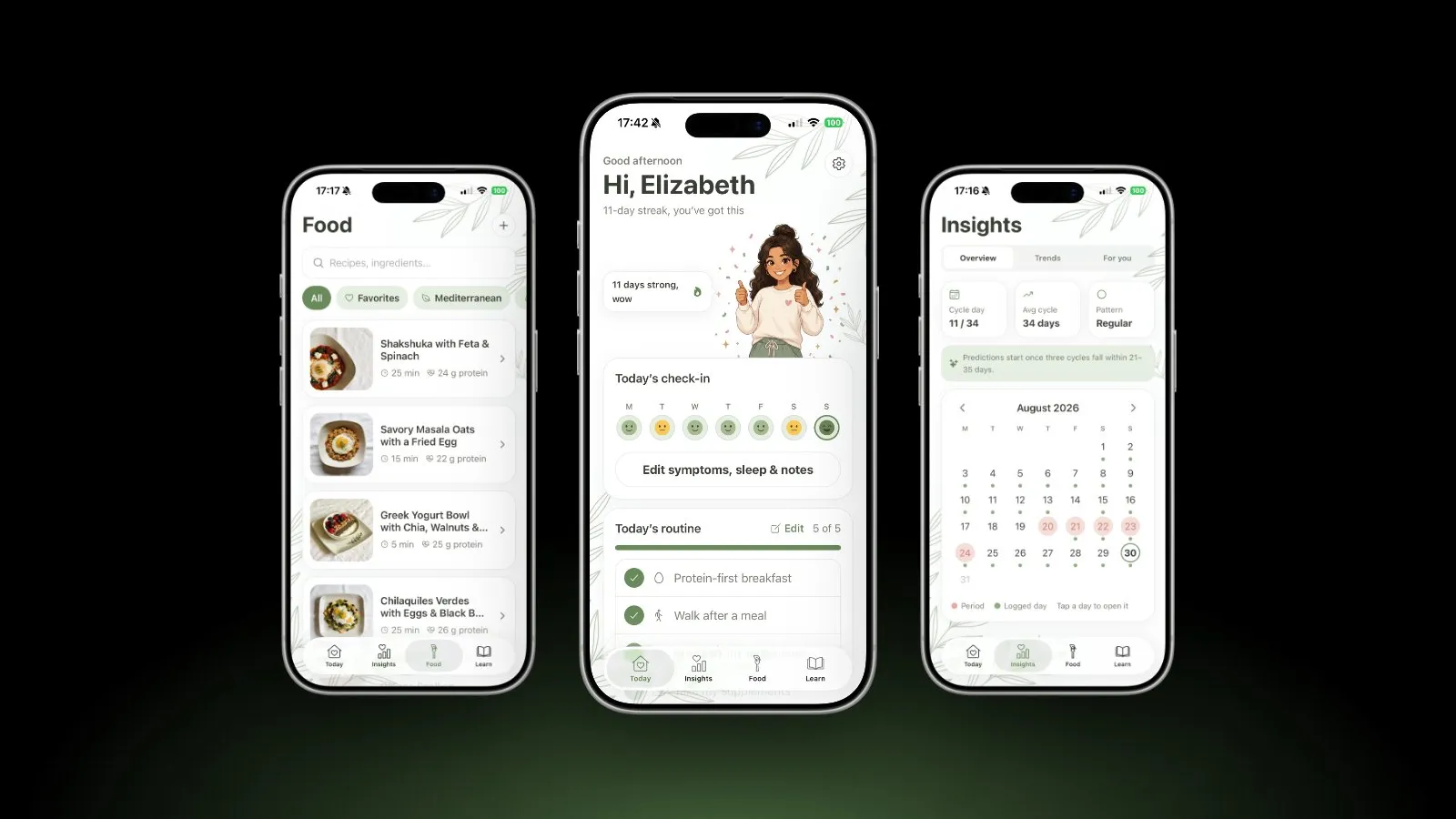 Three PCOS Ally screens, the food tab with recipes, the daily check-in and the cycle calendar