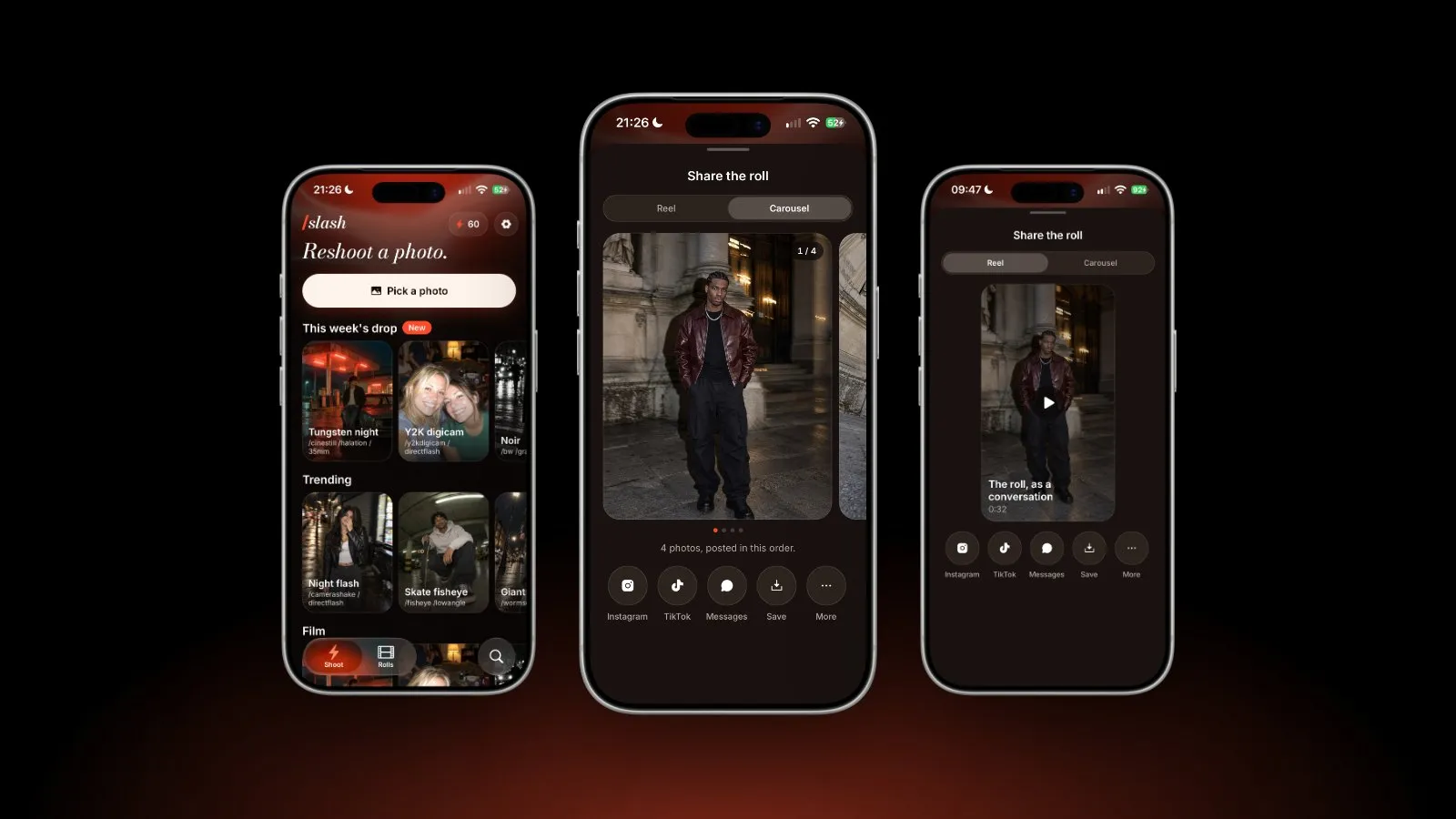Three Slash screens, the home screen with this week's drop, a carousel ready to share and a reel of the roll