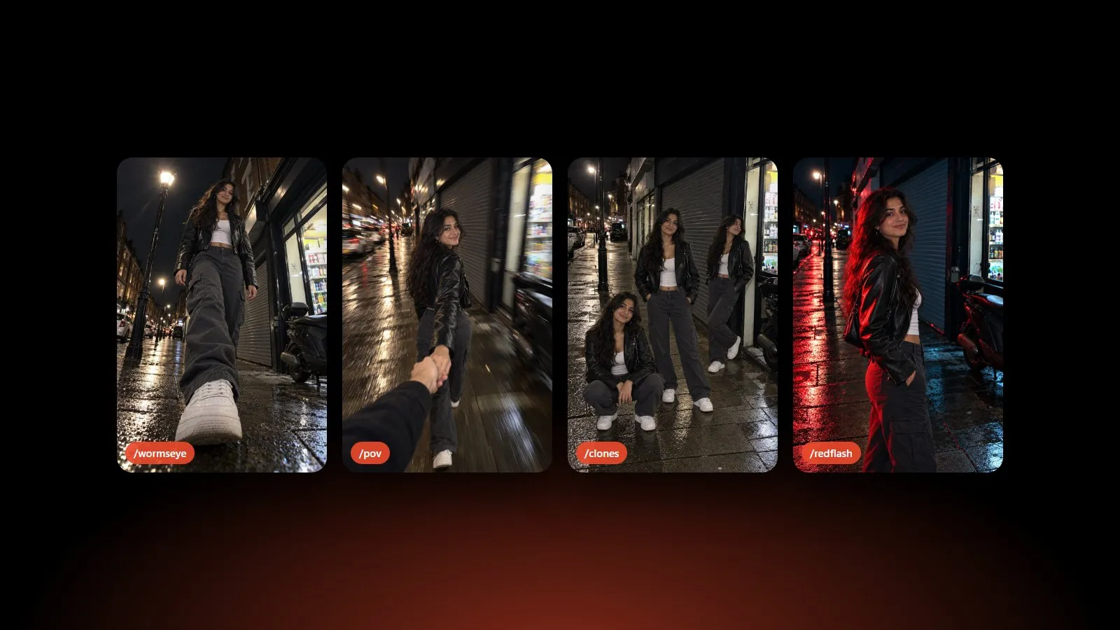 Four takes of the same night street photo, reshot with /wormseye, /pov, /clones and /redflash
