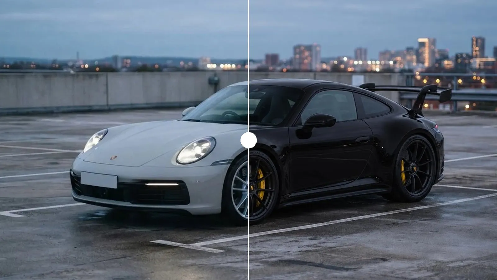 The same Porsche 911, half stock in grey on factory wheels and half black on black center-lock wheels